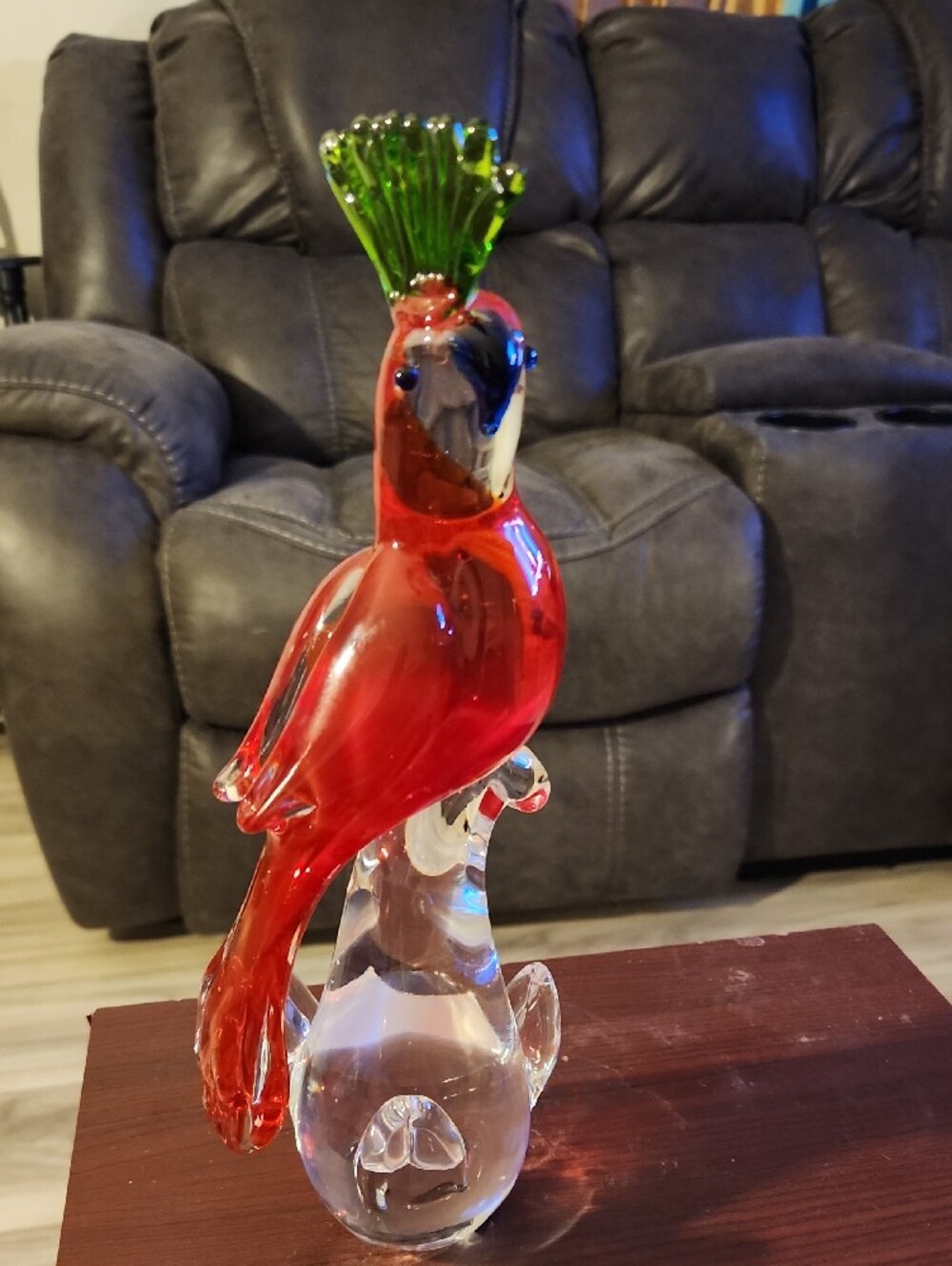 11" Handmade Murano Style  Glass Bird Figurine with Clear Base